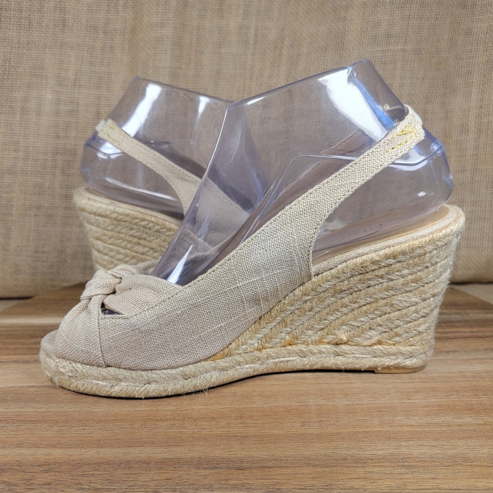 Talbots Espadrille Wedge Sandals Peep Toe Bow Slingback Jute Women's 6.5 Beige - Picture 6 of 10